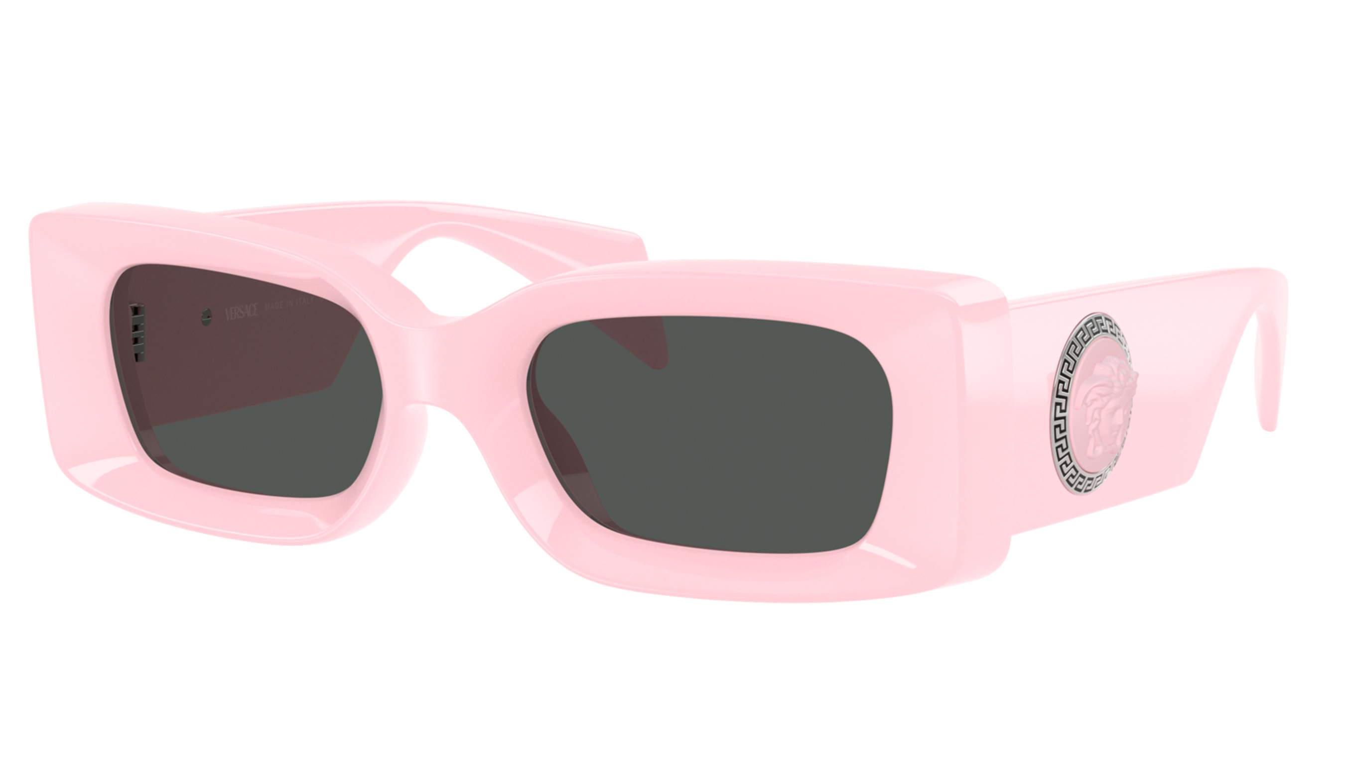 Versace VE4474U 548587 — occhiale da sole rettangolare rosa acceso con emblema Medusa